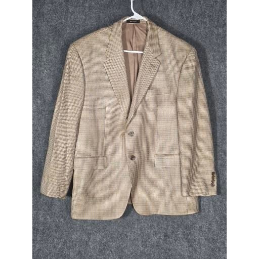 Chaps Mens 42s Blazer Jacket 100 Percent Silk Houndstooth Tan Brown Blue Work